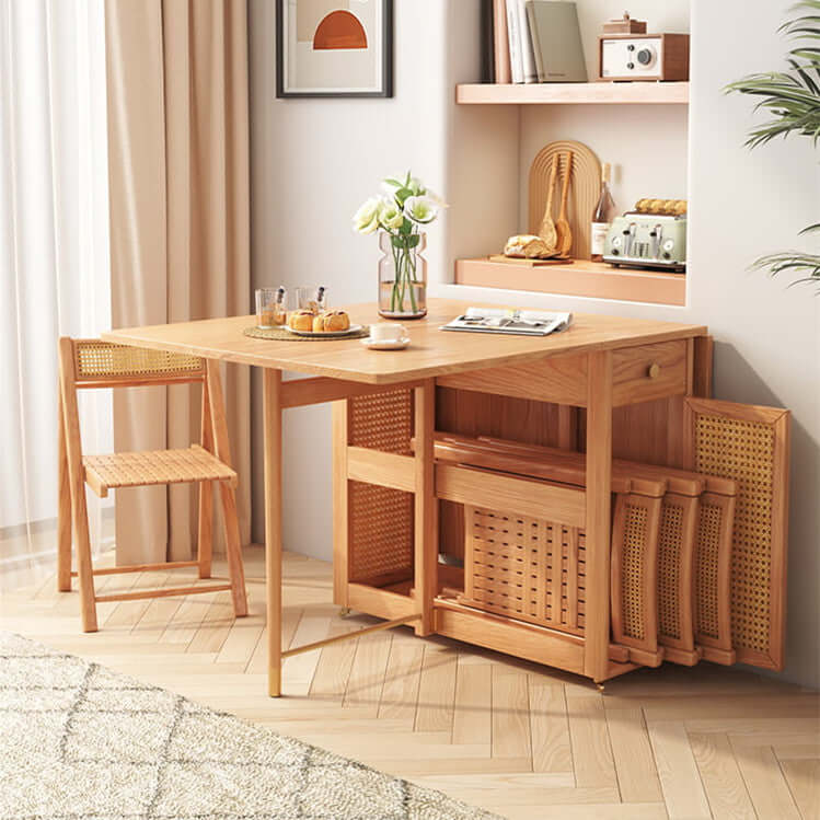 Natural Wood Folding Dining Table Set With Rattan Cabinet