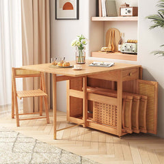 Natural Wood Folding Dining Table Set With Rattan Cabinet