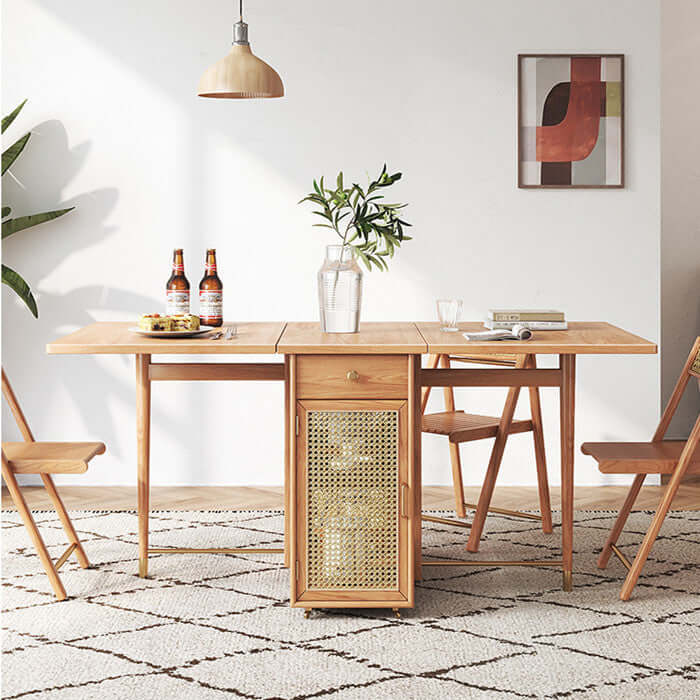 Natural Wood Folding Dining Table Set With Rattan Cabinet