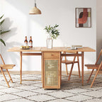 Natural Wood Folding Dining Table Set With Rattan Cabinet