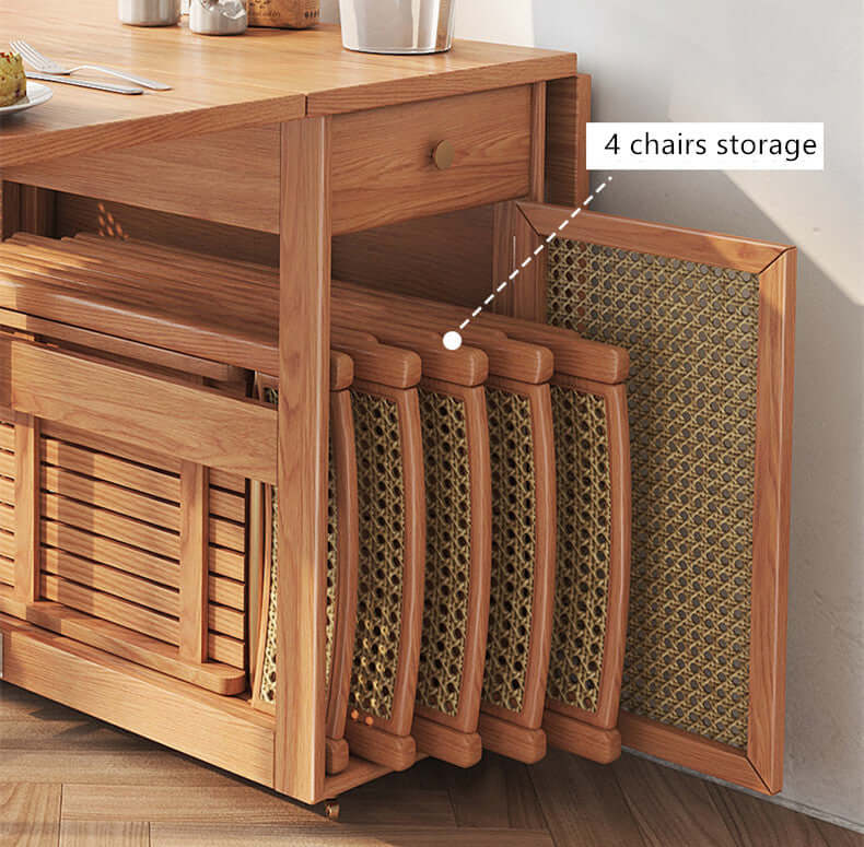 Natural Wood Folding Dining Table Set With Rattan Cabinet