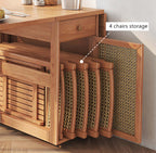 Natural Wood Folding Dining Table Set With Rattan Cabinet