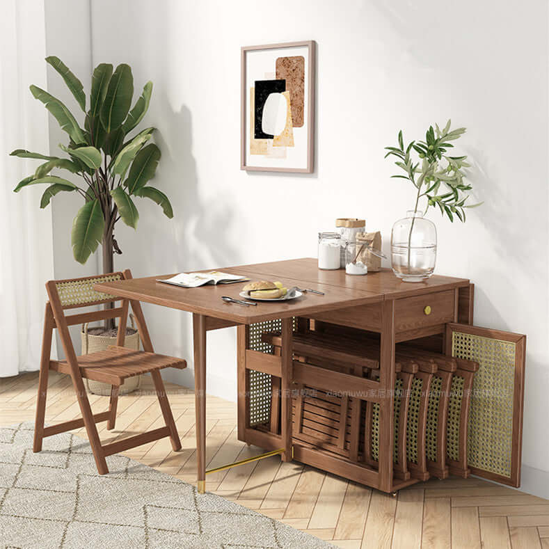 Natural Wood Folding Dining Table Set With Rattan Cabinet