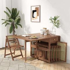 Natural Wood Folding Dining Table Set With Rattan Cabinet