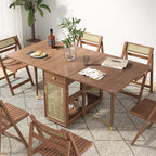 Natural Wood Folding Dining Table Set With Rattan Cabinet