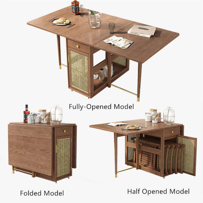 Natural Wood Folding Dining Table Set With Rattan Cabinet