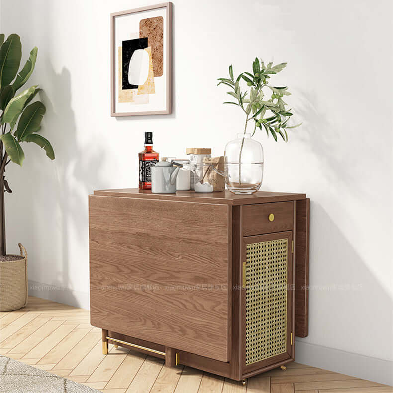 Naturholz Klapp-Esstisch-Set Mit Rattan-Schrank Zweitbild