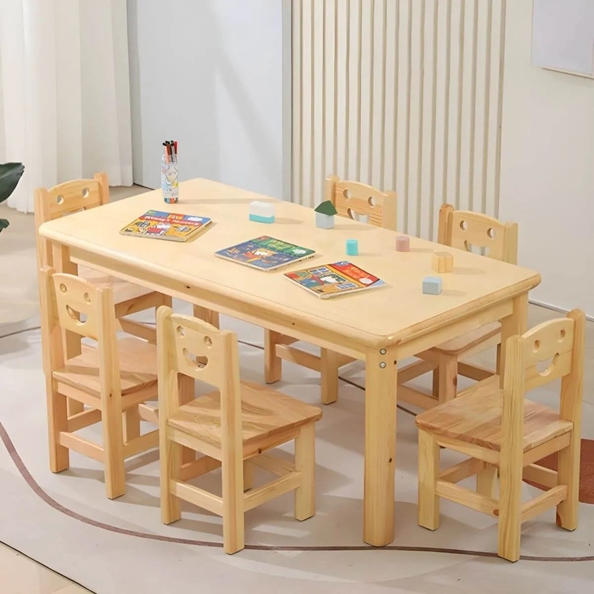 Natural Wood Kids Writing Desk Sets – Light Brown Round & Rectangular Tables with Chairs Main Product Image