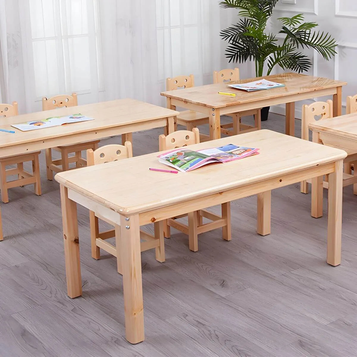 Natural Wood Kids Writing Desk Sets – Light Brown Round & Rectangular Tables with Chairs