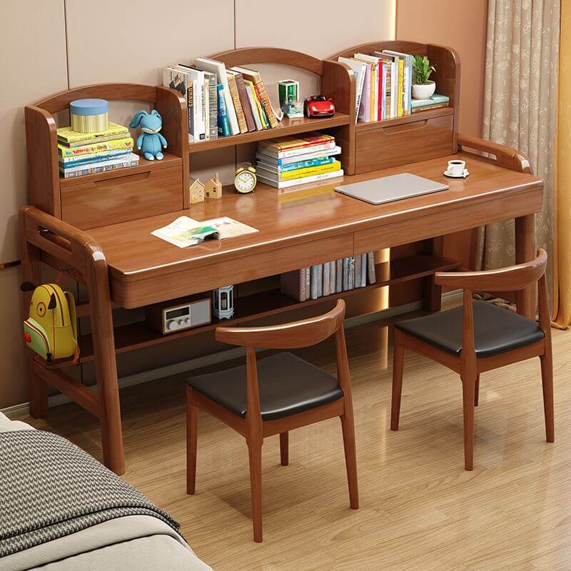 Natural Wood Kids Writing Desk with Integrated Bookshelf and Storage