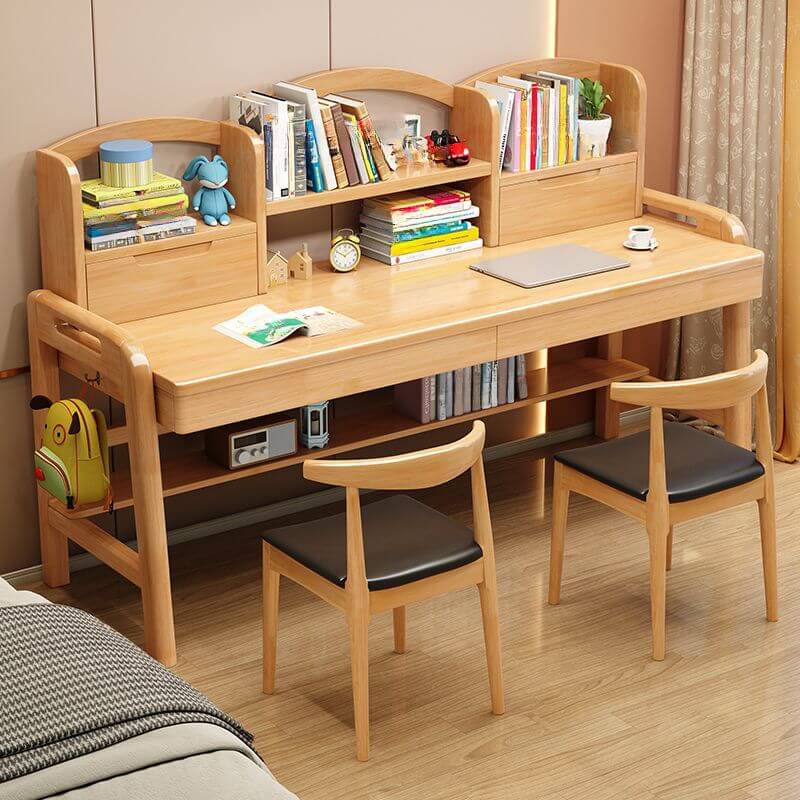 Natural Wood Kids Writing Desk with Integrated Bookshelf and Storage