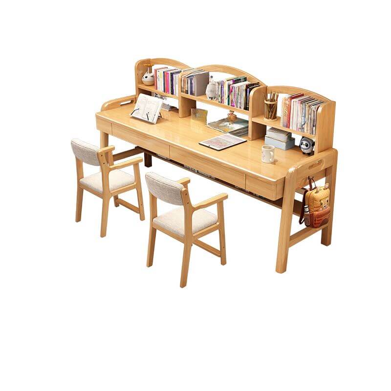 Natural Wood Kids Writing Desk with Integrated Bookshelf and Storage