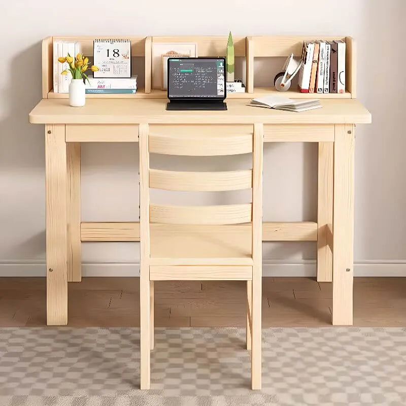 Natural Wood Kids Writing Desk with Shelf & Chair – Ergonomic Study Set