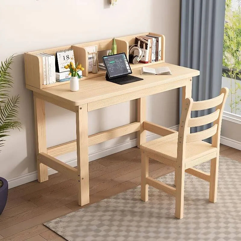 Natural Wood Kids Writing Desk with Shelf & Chair – Ergonomic Study Set Main Product Image
