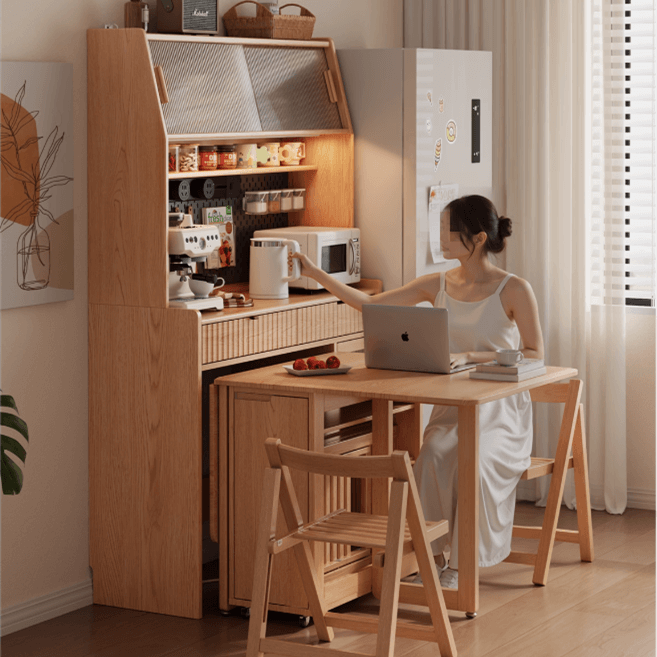 Natural Wood Kitchen Hutch With Drop Leaf Table Set