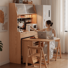 Natural Wood Kitchen Hutch With Drop Leaf Table Set