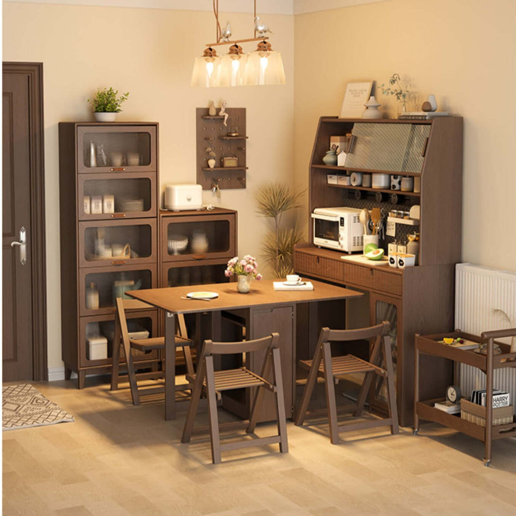 Natural Wood Kitchen Hutch With Drop Leaf Table Set