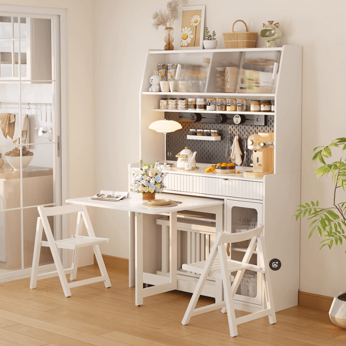 Natural Wood Kitchen Hutch With Drop Leaf Table Set