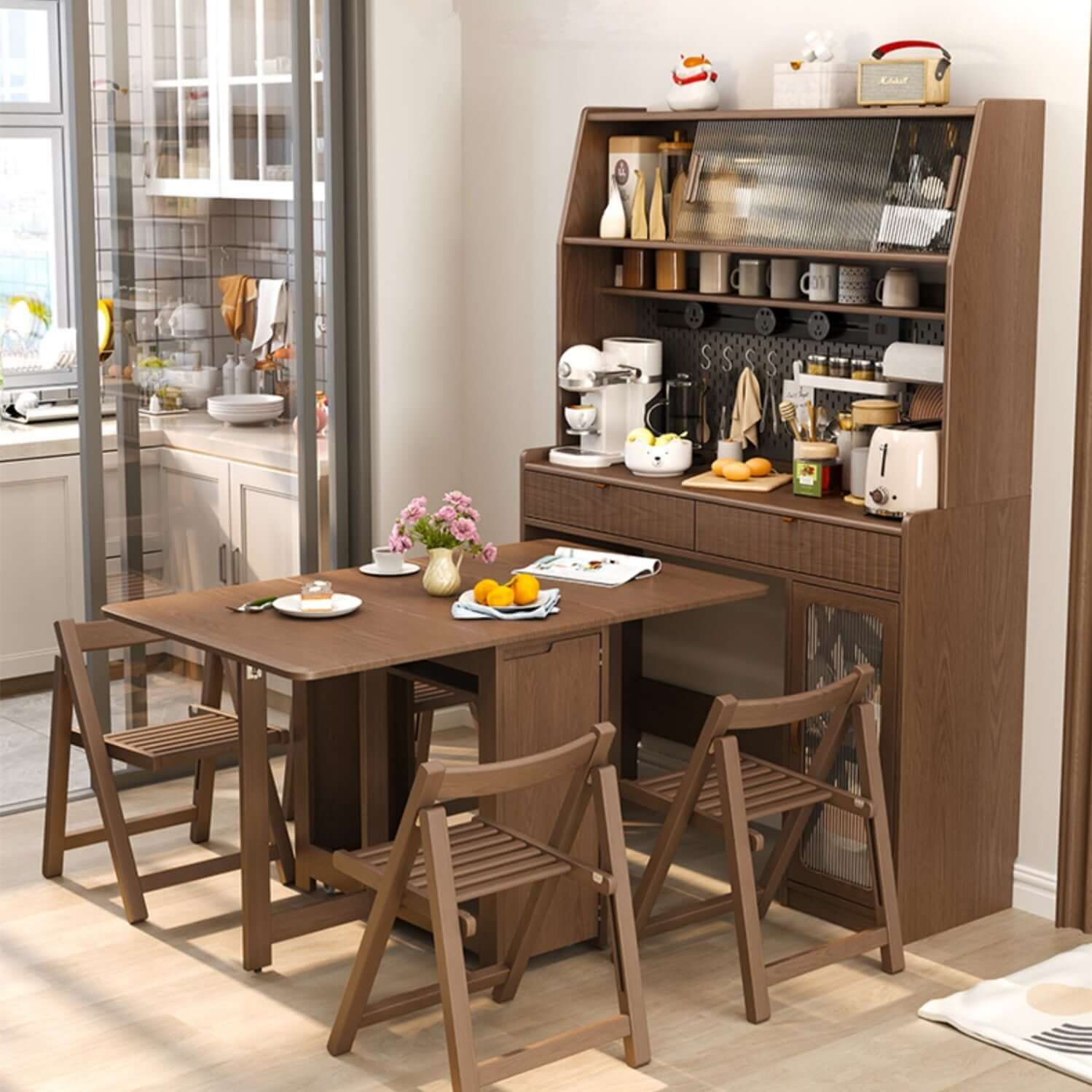 Natural Wood Kitchen Hutch With Drop Leaf Table Set Main image