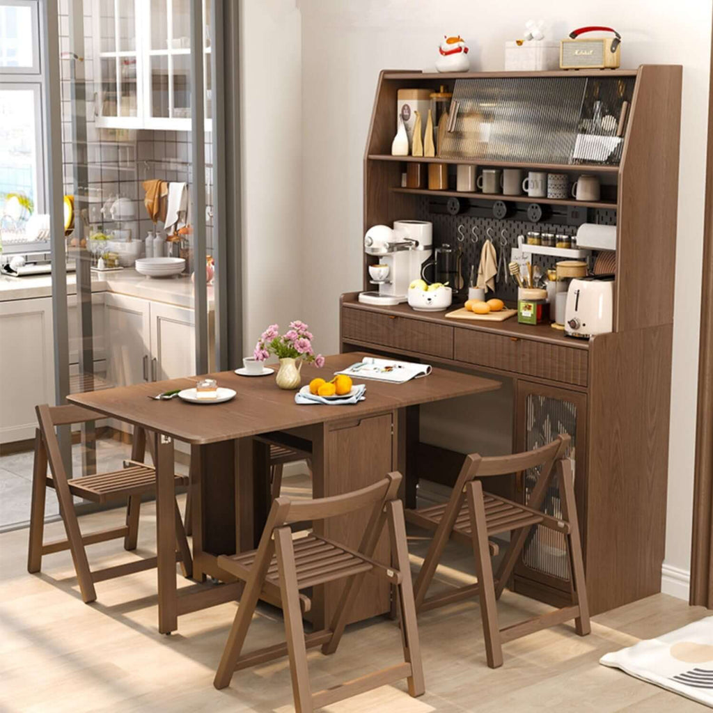 Natural Wood Kitchen Hutch With Drop Leaf Table Set