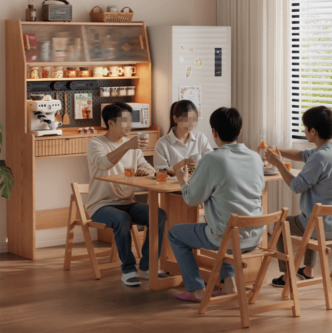 Natural Wood Kitchen Hutch With Drop Leaf Table Set