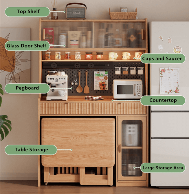 Natural Wood Kitchen Hutch With Drop Leaf Table Set