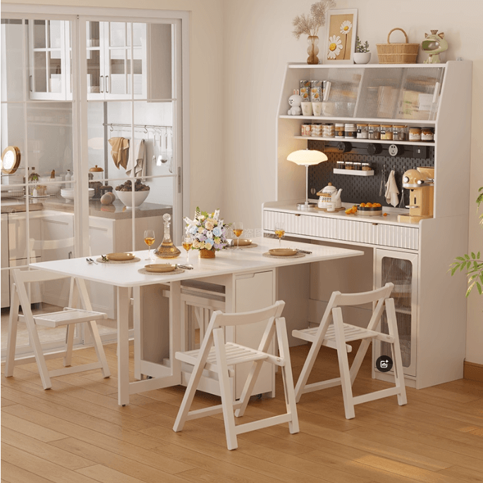 Natural Wood Kitchen Hutch With Drop Leaf Table Set