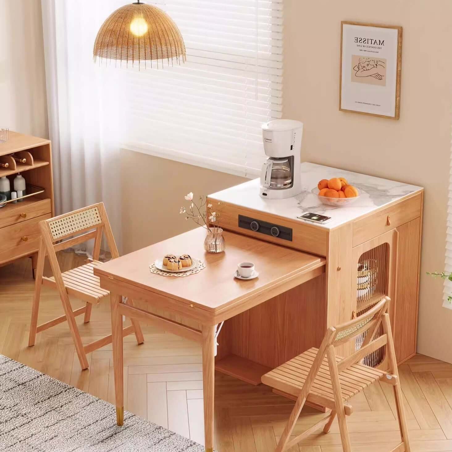 Natural Wood Kitchen Island With Marble Tabletop Imagen principal del producto
