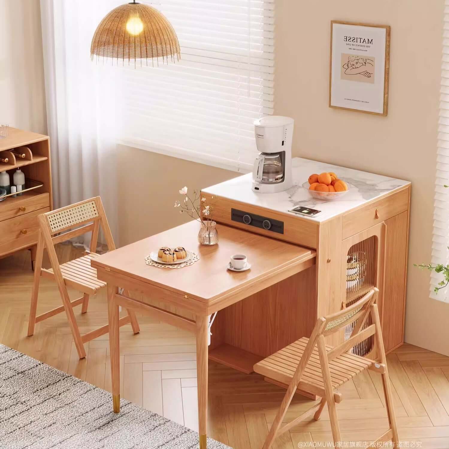 Natural Wood Kitchen Island With Marble Tabletop