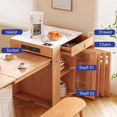 Natural Wood Kitchen Island With Marble Tabletop