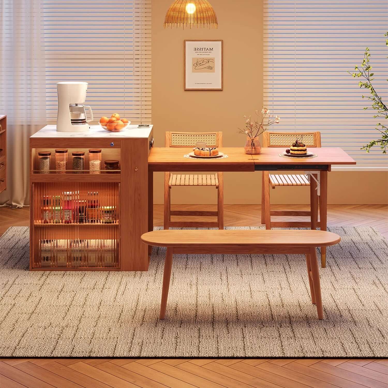 Natural Wood Kitchen Island With Marble Tabletop