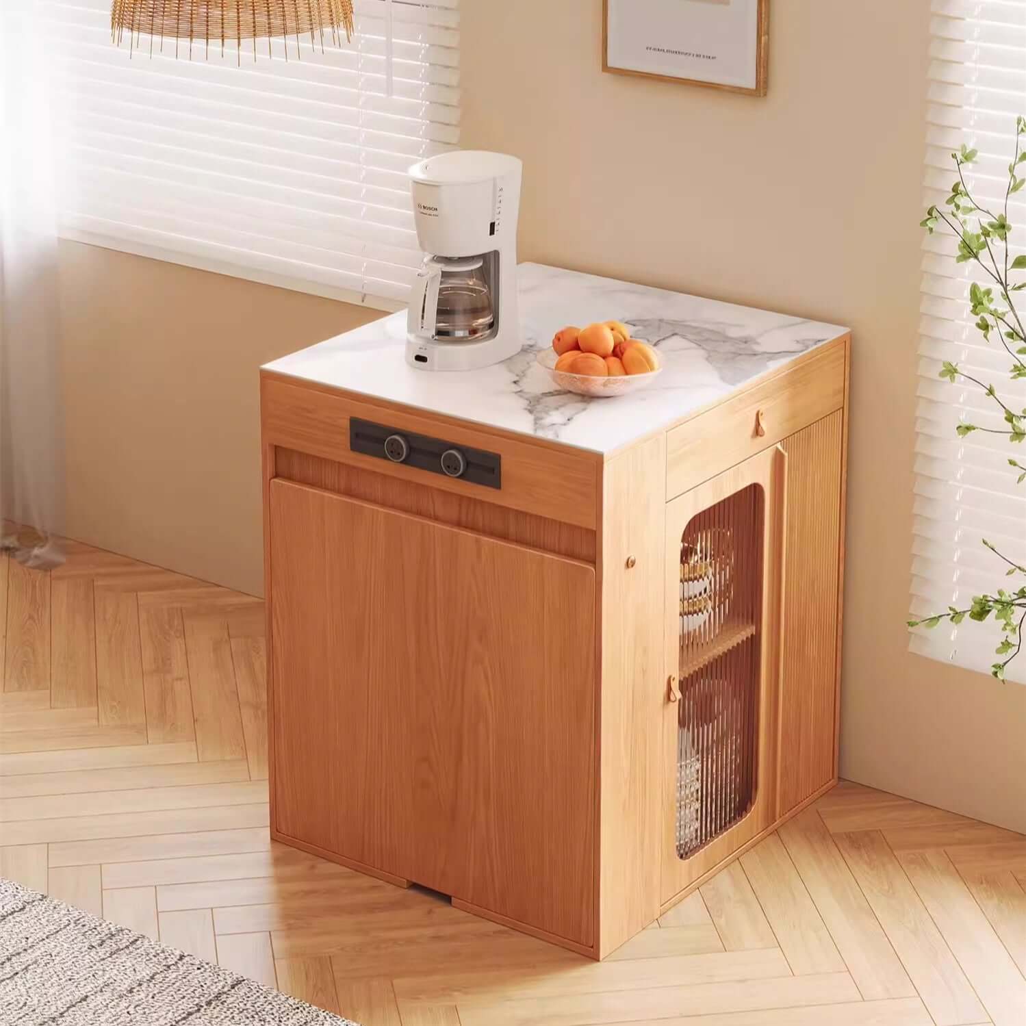 Natural Wood Kitchen Island With Marble Tabletop