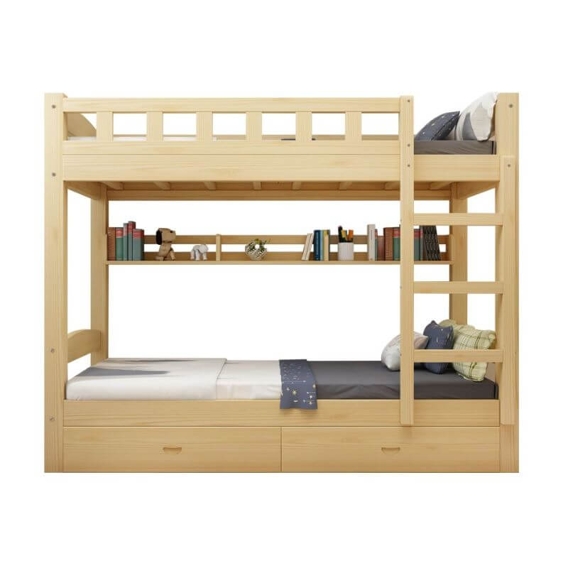 Natural Wood Modern Bunk Bed with Built-In Drawers and Ladder メイン画像