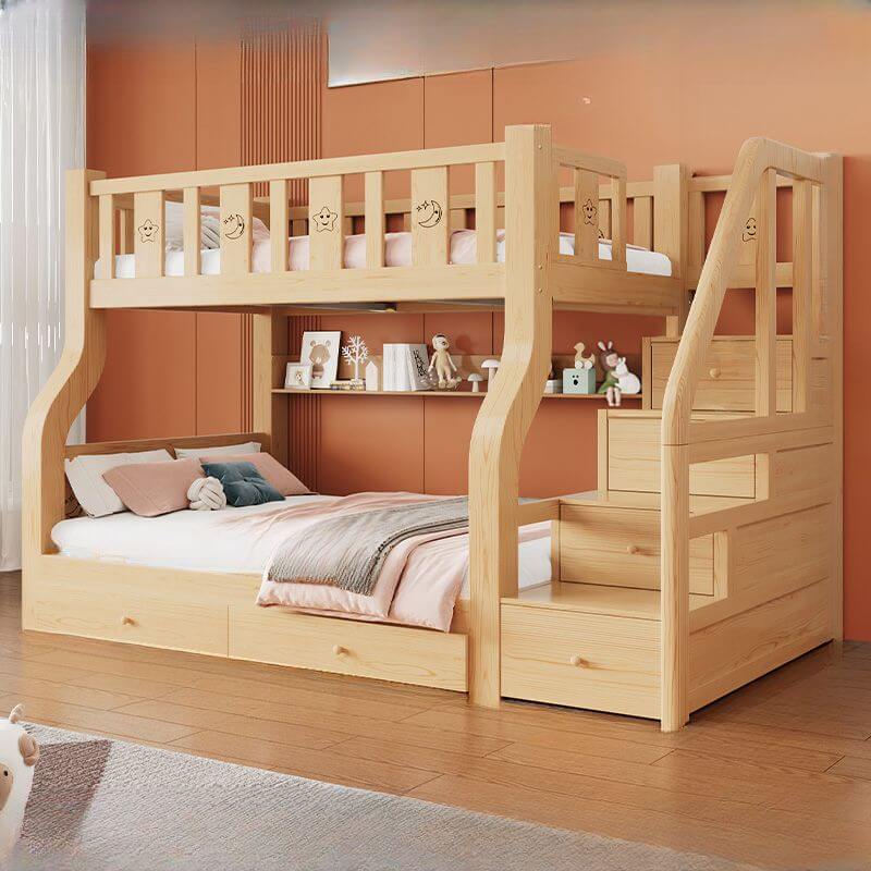 Natural Wood Modern Bunk Bed with Drawers, Ladder & Two Mattresses
