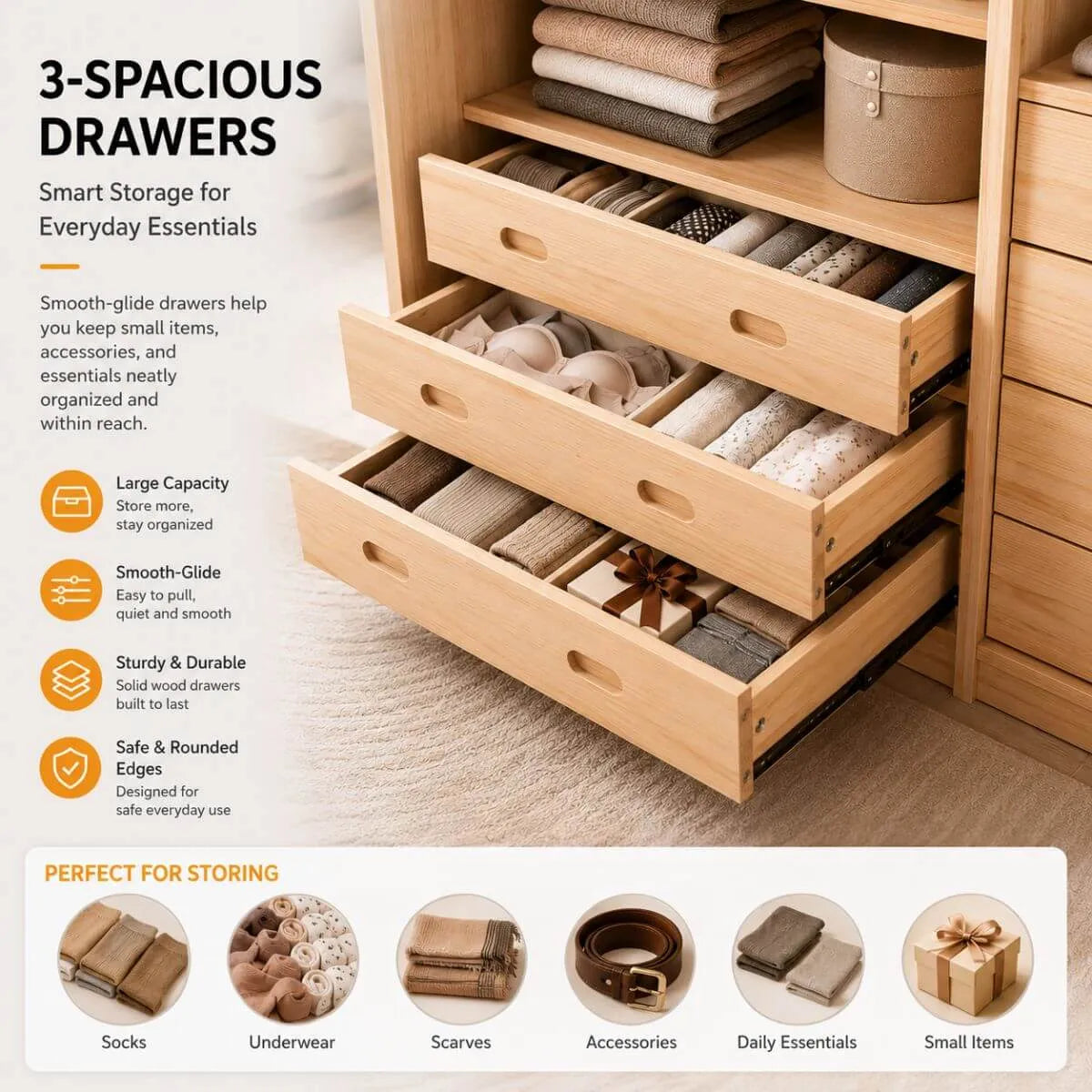 Natural Wood Scandinavian Wardrobe Armoire With Drawers