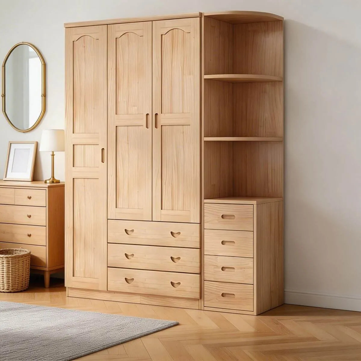 Natural Wood Scandinavian Wardrobe Armoire With Drawers