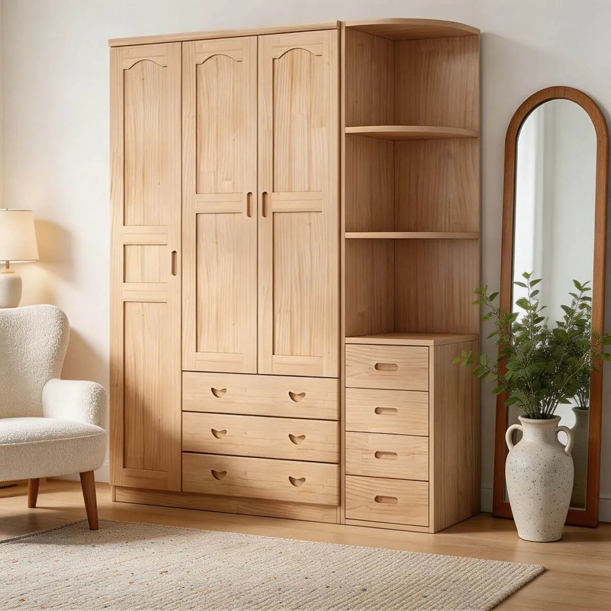 Natural Wood Scandinavian Wardrobe Armoire With Drawers