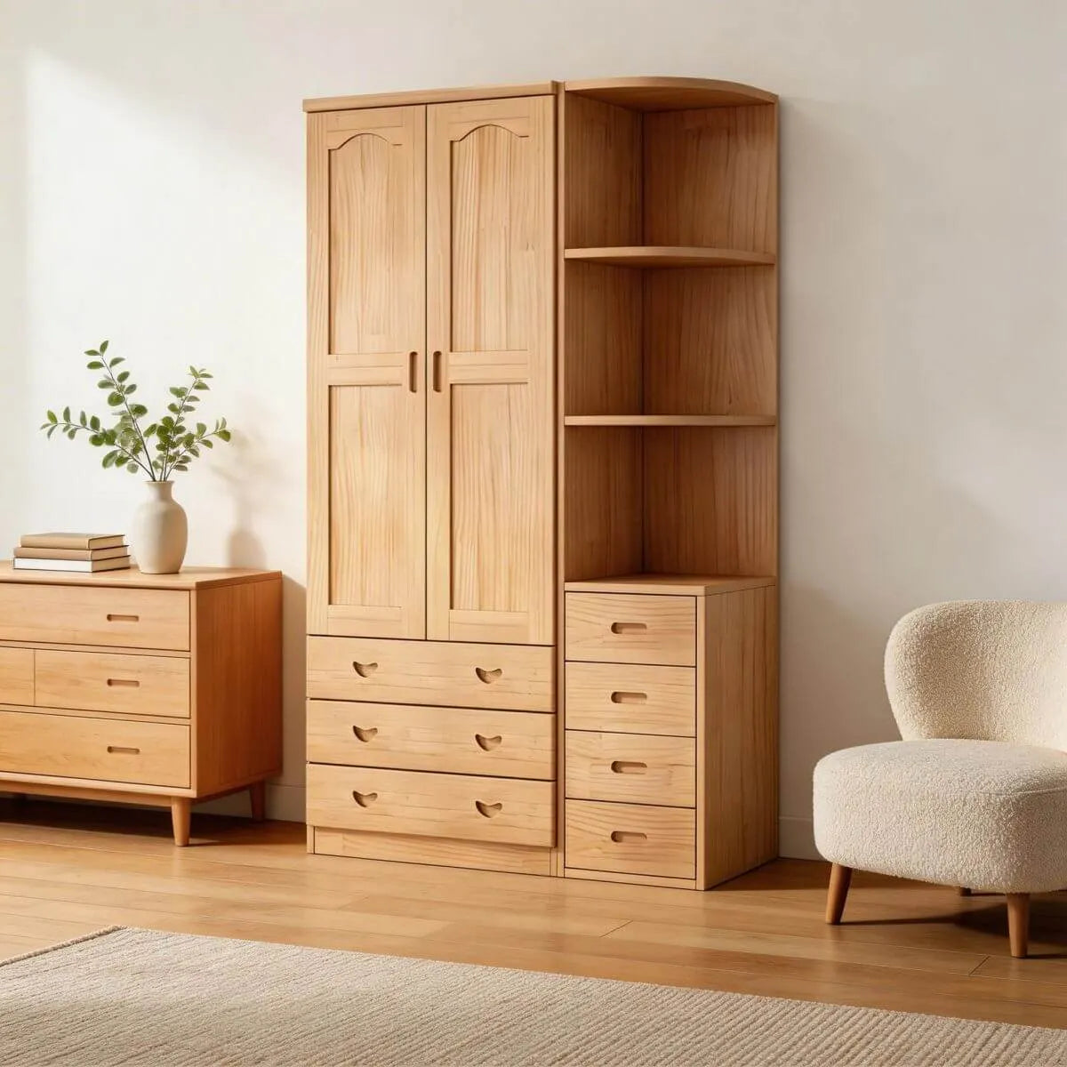 Natural Wood Scandinavian Wardrobe Armoire With Drawers