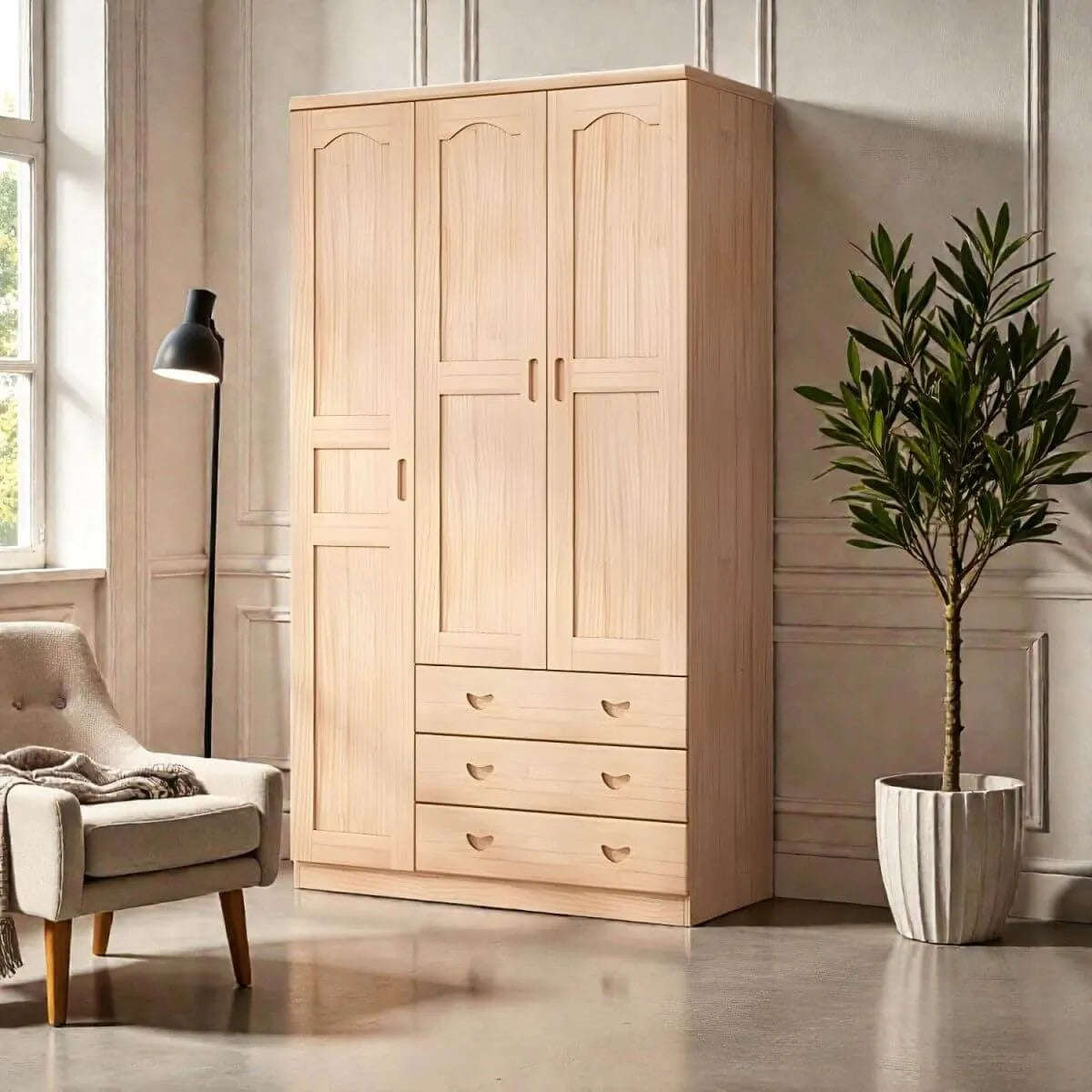 Natural Wood Scandinavian Wardrobe Armoire With Drawers