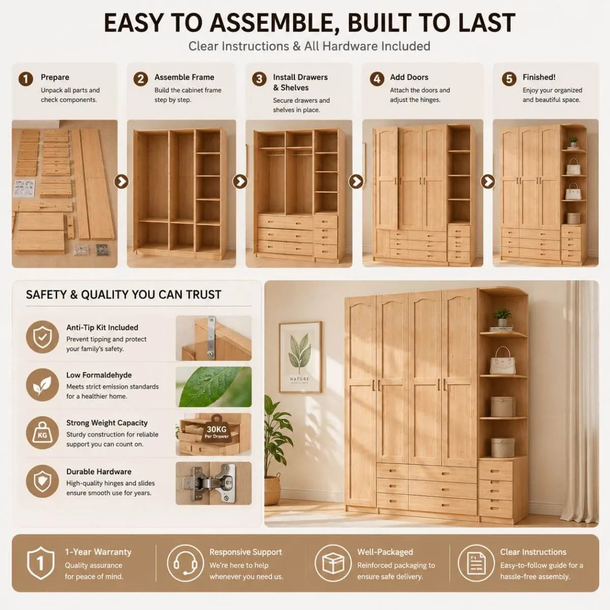 Natural Wood Scandinavian Wardrobe Armoire With Drawers