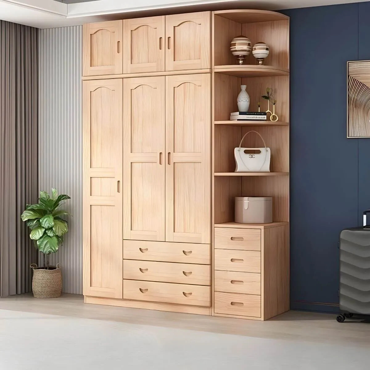 Natural Wood Scandinavian Wardrobe Armoire With Drawers