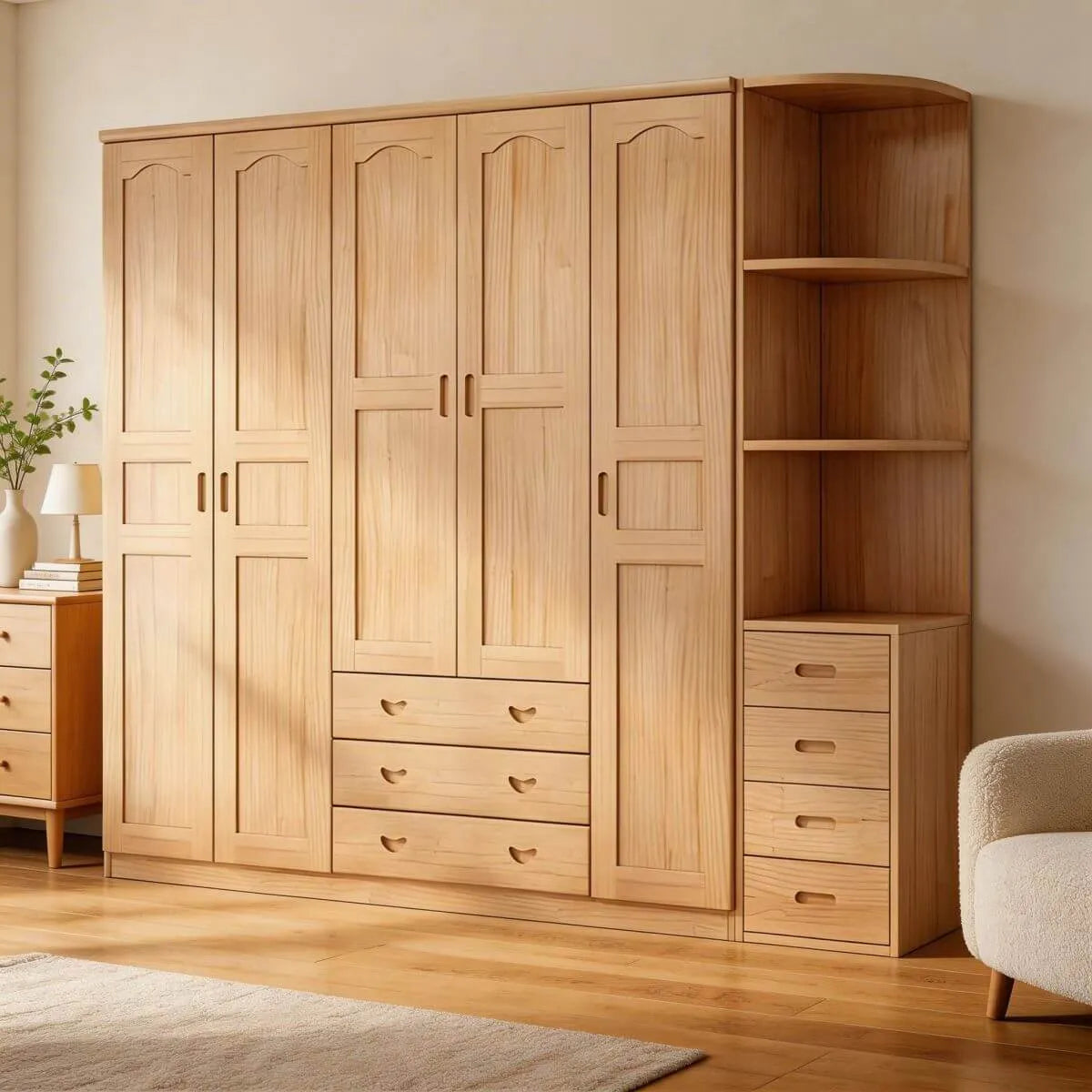 Natural Wood Scandinavian Wardrobe Armoire With Drawers
