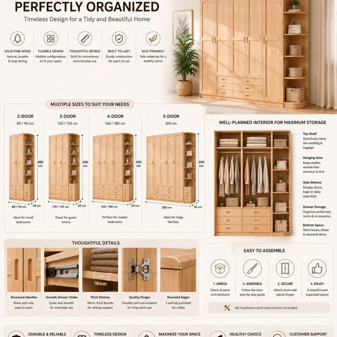 Natural Wood Scandinavian Wardrobe Armoire With Drawers