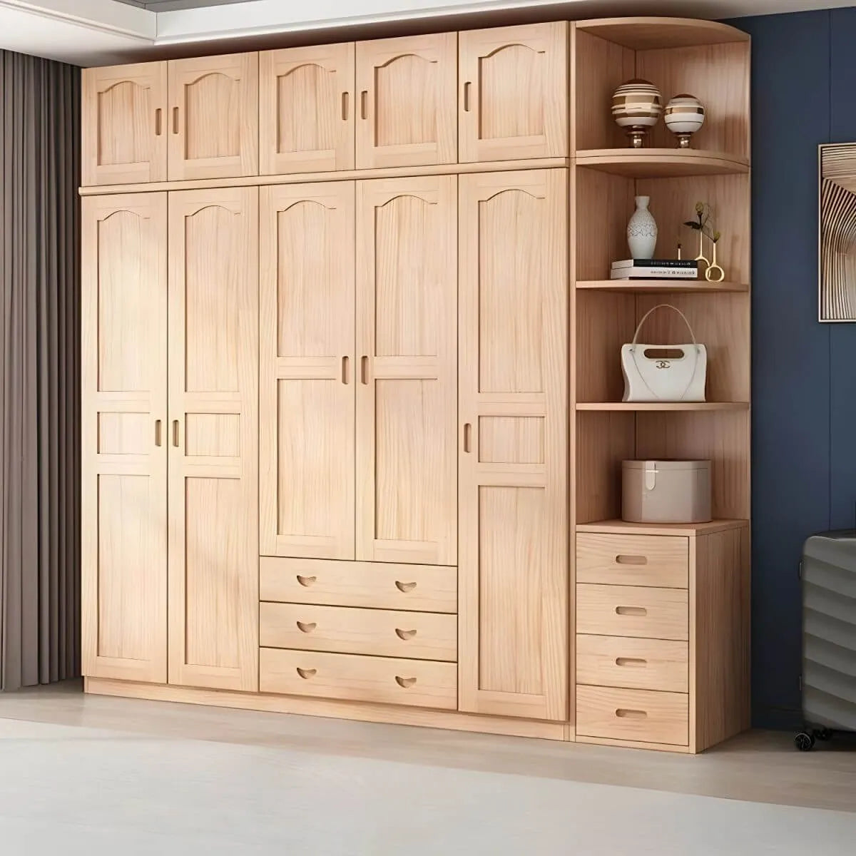 Natural Wood Scandinavian Wardrobe Armoire With Drawers