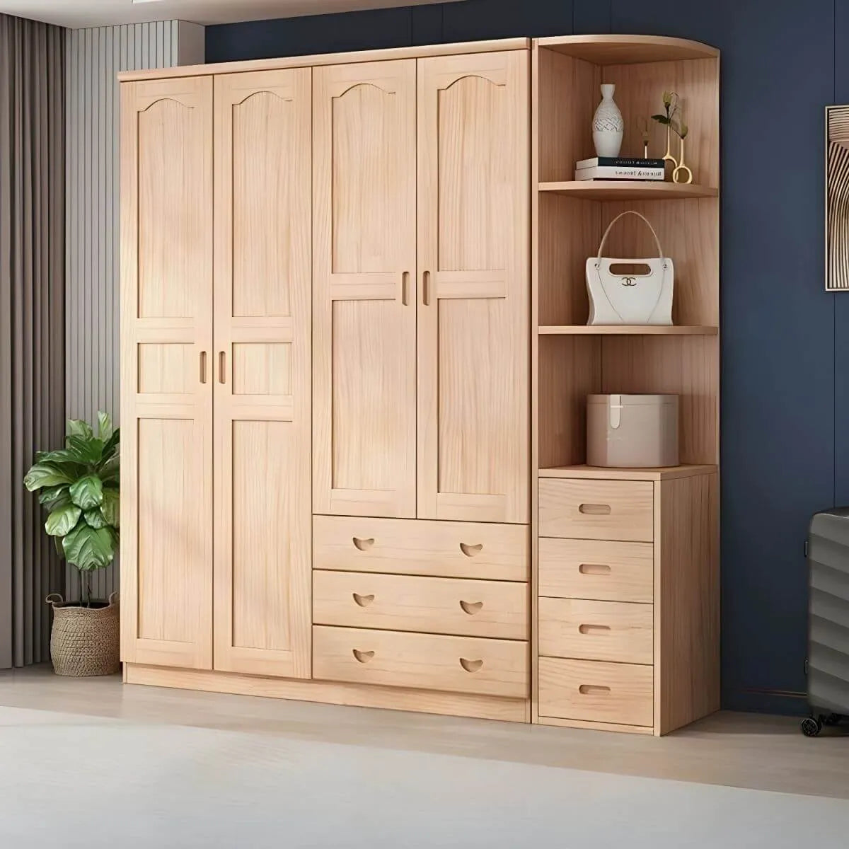 Natural Wood Scandinavian Wardrobe Armoire With Drawers