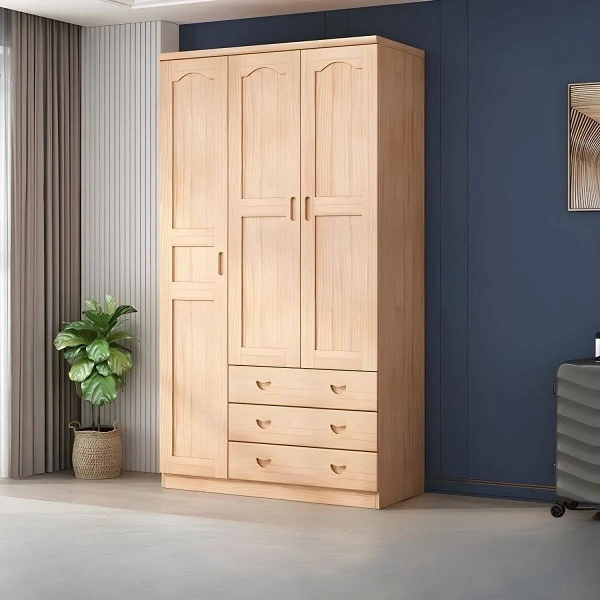 Natural Wood Scandinavian Wardrobe Armoire With Drawers