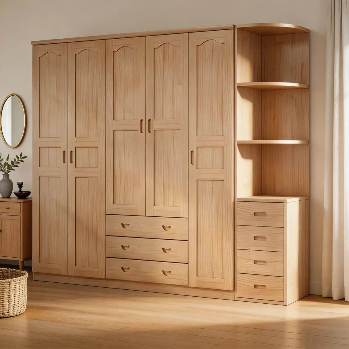 Natural Wood Scandinavian Wardrobe Armoire With Drawers