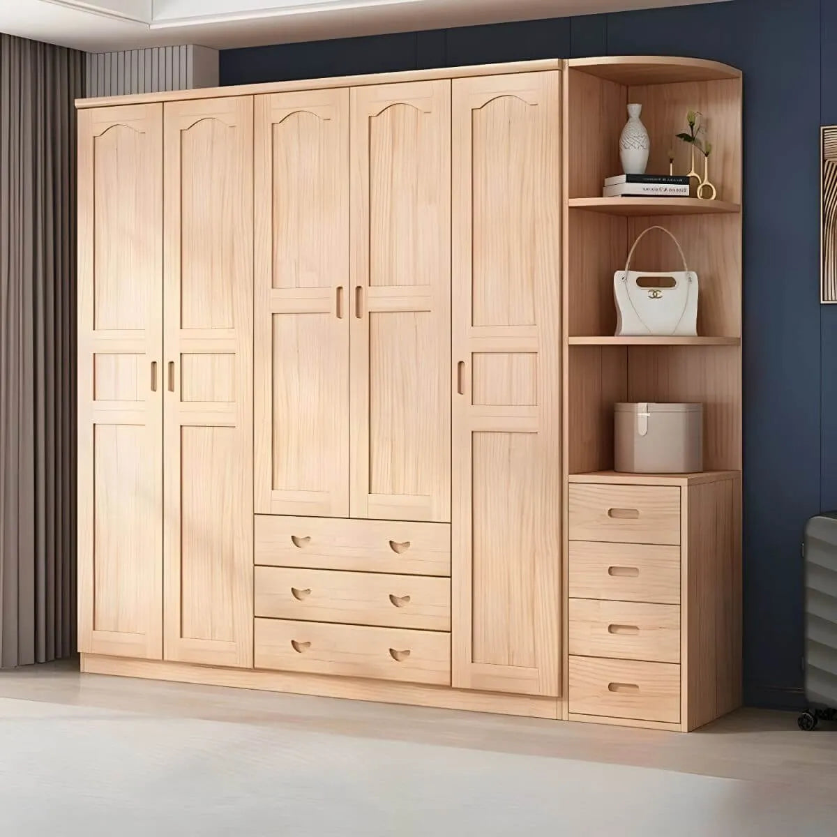 Natural Wood Scandinavian Wardrobe Armoire With Drawers