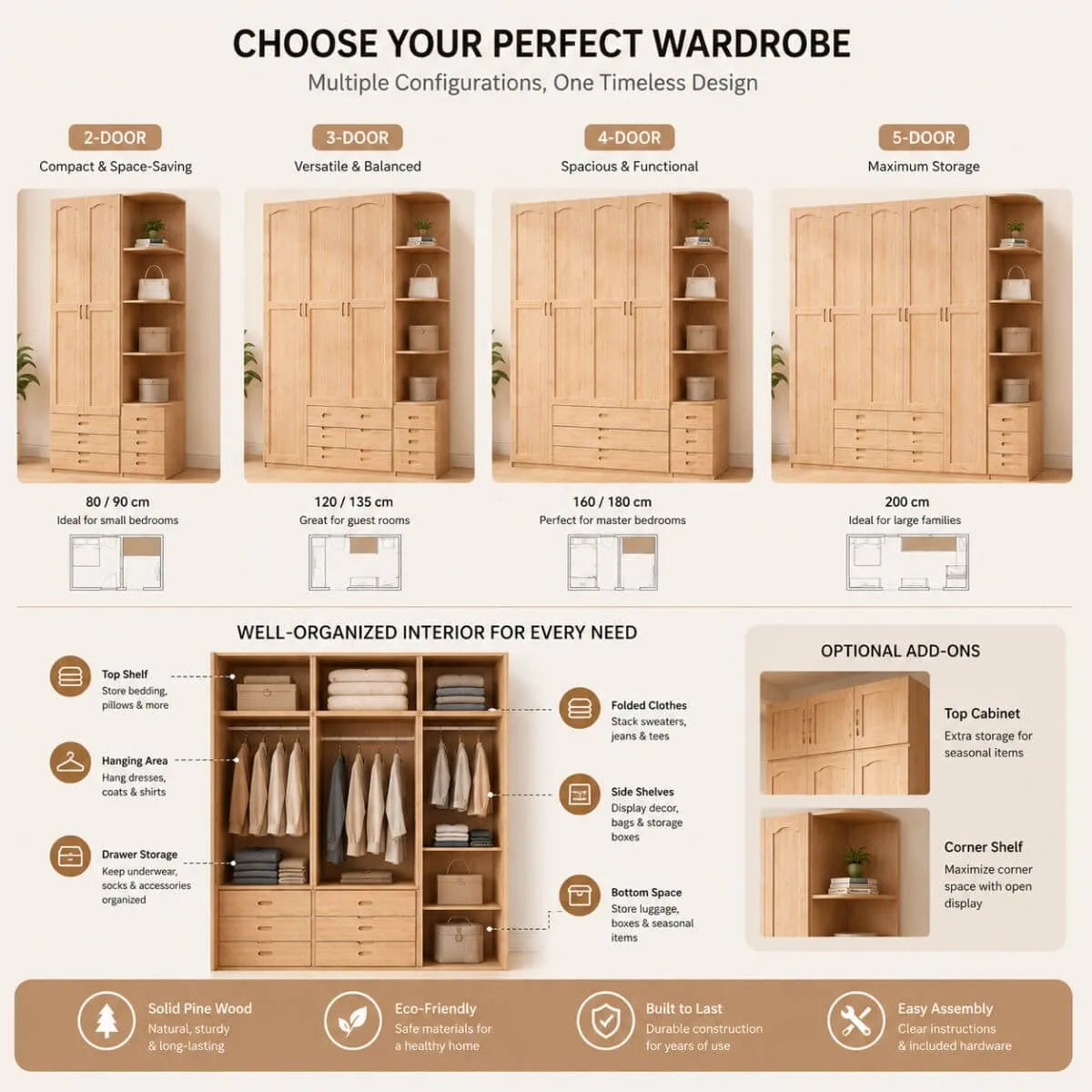 Natural Wood Scandinavian Wardrobe Armoire With Drawers