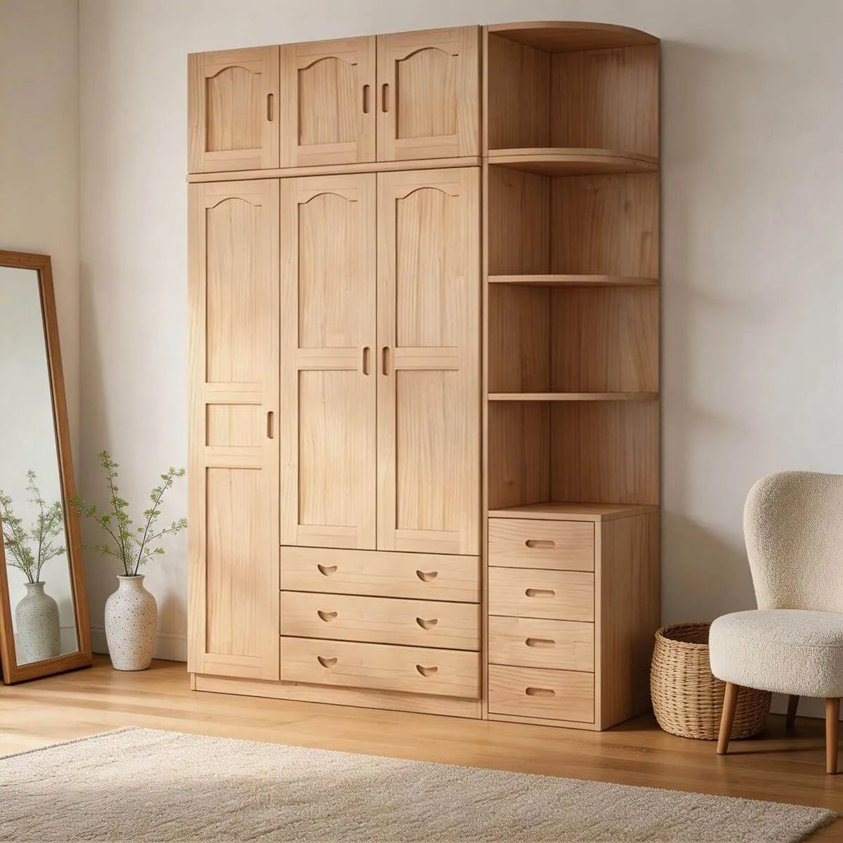 Natural Wood Scandinavian Wardrobe Armoire With Drawers